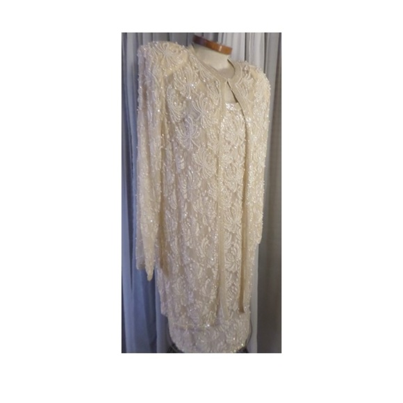 Lady XL Cream Formal Dress Jacket Set Bead Sequin - Picture 3 of 8